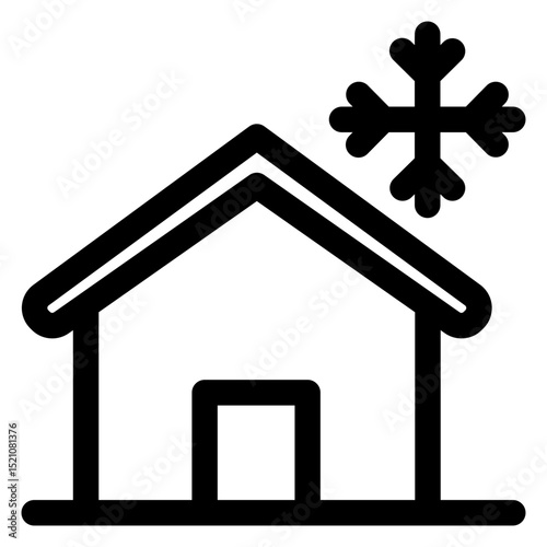 House with a snowflake on top of it. The house is black and white. The snowflake is white