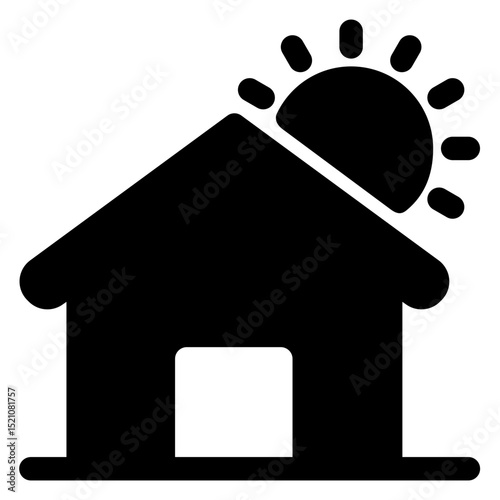 House with a sun shining on it. The house is small and has a white roof