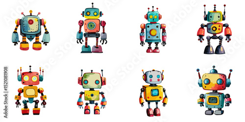 Multiple vector illustrations retro robot, watercolor style


