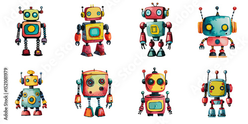 Multiple vector illustrations retro robot, watercolor style

