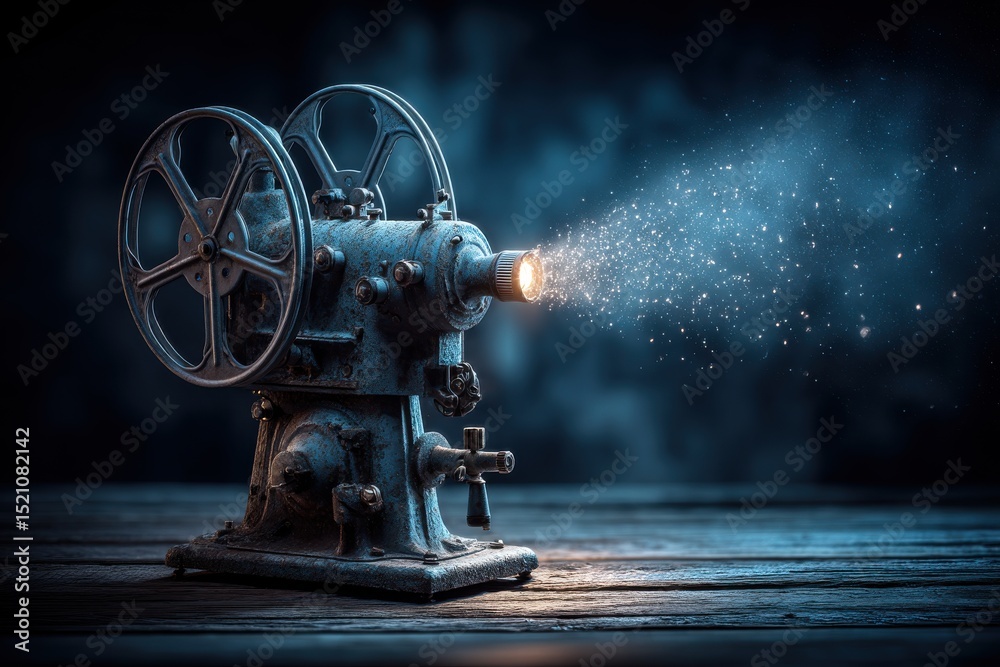 Fototapeta premium A captivating vintage film projector casting a magical beam, illuminating the nostalgia and artistry of classic cinema on a rustic wooden surface.