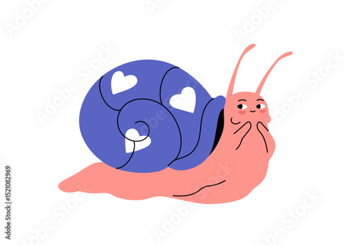 Lovely shy slug with pretty hearts pattern on its house on back. Cute snail with ornamented coiled shell. Happy fashion snailfish character. Flat isolated vector illustration on white background