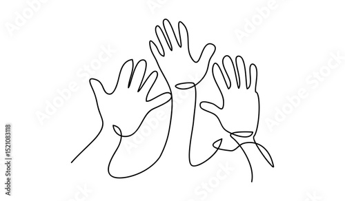 Hand drawn continuous one line of hands up. poster art print. human rights sign in one line style