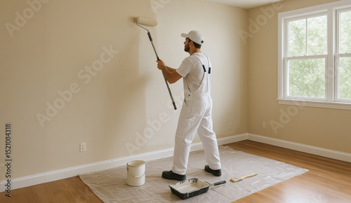Man Painting Interior Wall with Roller in Bright Empty Room