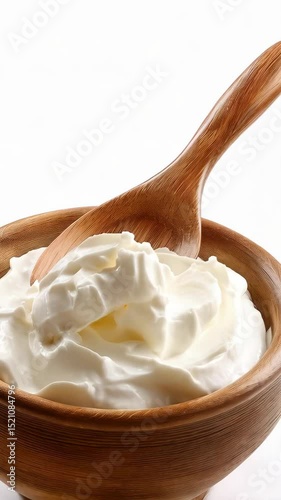 Delicious creamy yogurt in a rustic wooden bowl, accompanied by a wooden spoon on a plain background. High-quality and healthy food option.