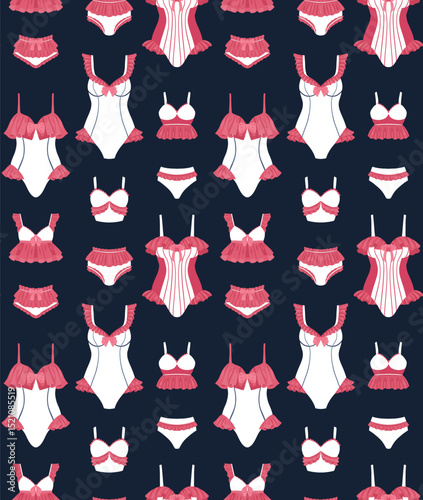 Vector summer pattern with vintage pink and white swimsuits on dark background for fabric prints, wallpaper. Texture with ruffled swimwear in pin up cartoon style