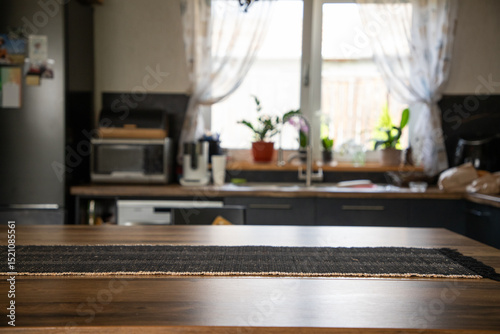 blurred kitchen interior  and desk space