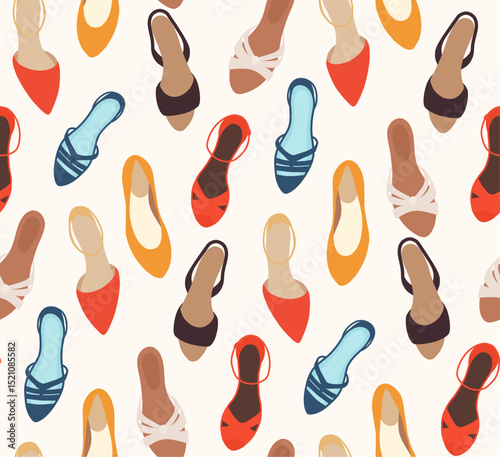 Vector seamless pattern with various women shoes on a white background top view for fashion prints, wrapping paper, fabric design. Stylish and colorful flat style.