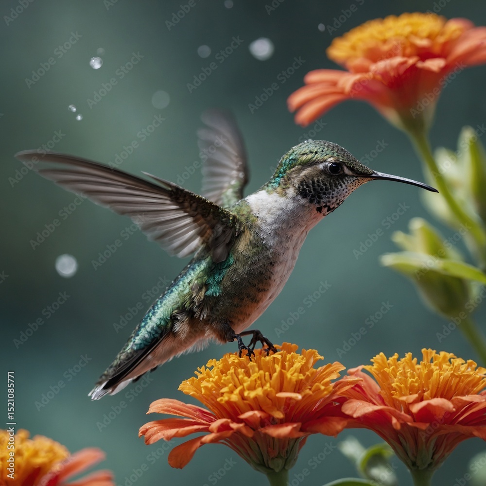 Fototapeta premium A hummingbird frozen in motion, feeding from a bright flower with wings blurred in rapid motion.