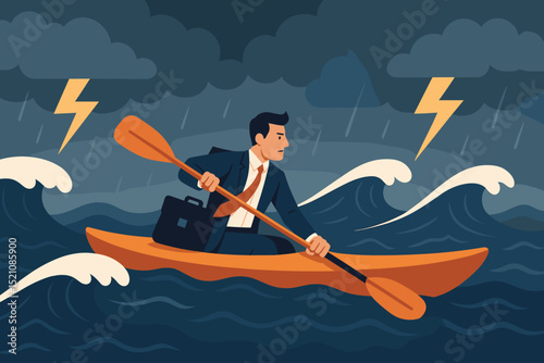 Businessman Surviving Turbulent Business Storm on Kayak, Entrepreneur Paddling Through Financial Crisis, Overcoming Challenges, Risk Management, Economic Downturn