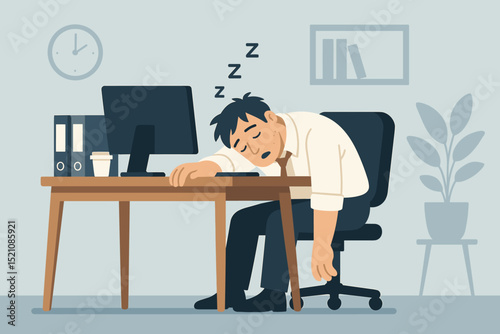 Exhausted Office Worker Napping at Desk, Sleepy Businessman Tired and Falling Asleep in Workplace, Stress and Fatigue Concept, Office Scene with Computer and Clock