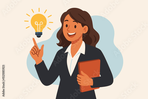 Optimistic businesswoman idea lightbulb. Professional female character with inspiration for business innovation. Creativity, success, problem-solving concept. Entrepreneur startup vision. Vector.