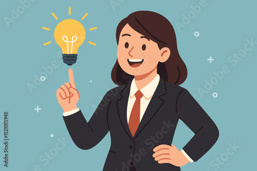 Optimistic businesswoman points to glowing lightbulb, symbolizing brilliant idea, innovation, and creative solution. Concept for business inspiration, problem-solving, and success strategy.