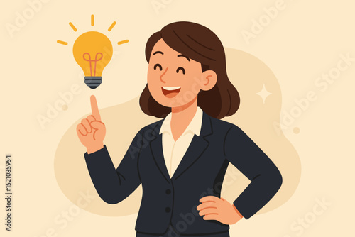 Businesswoman having a great idea concept. Smiling female professional in suit pointing at glowing lightbulb. Optimistic entrepreneur with creative solution, innovation, inspiration, and success.