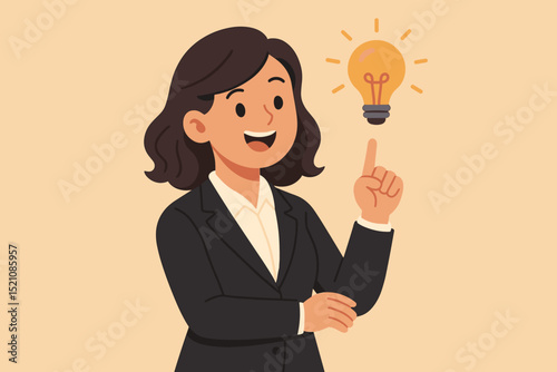 Optimistic businesswoman pointing to lightbulb idea. Creative inspiration, innovation concept. Female entrepreneur, professional success, eureka moment, problem solving. Vector character illustration.