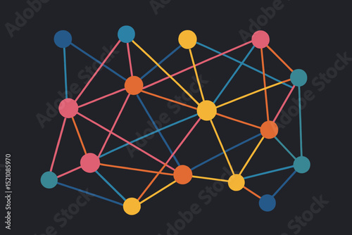 Colorful chalk-style network diagram with interconnected nodes. Abstract representation of data connections, communication technology, and global systems. Information web, digital structure concept.