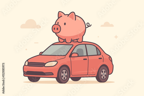 Cute piggy bank on red car roof concept. Saving money for new vehicle, car loan, automobile financing, budget planning. Financial investment for transportation, insurance. Flat vector icon.