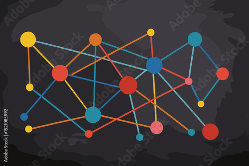 Chalk network connections. Colorful nodes & lines on blackboard. Abstract data, communication, technology, internet, teamwork, strategy, interconnected system. Retro tech graphic.