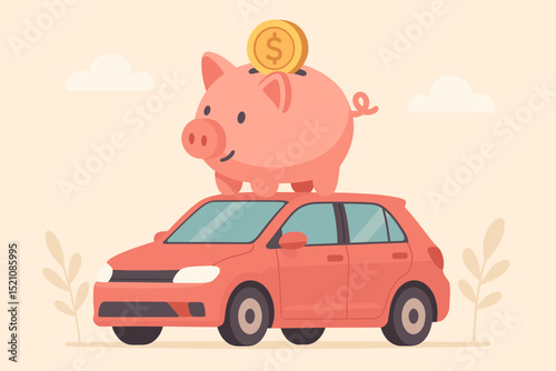 Piggy bank on car roof with dollar coin. Concept of saving money for vehicle purchase, car loan, auto financing, investment, insurance. Financial planning for automobile budget. Vector illustration.
