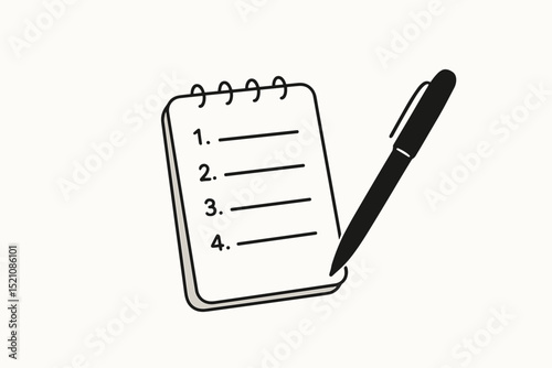 Minimalist task list vector. Notepad and pen for to-do list, planning, organization, organizer. Simple checklist icon for productivity, goal setting, project management, daily routine.