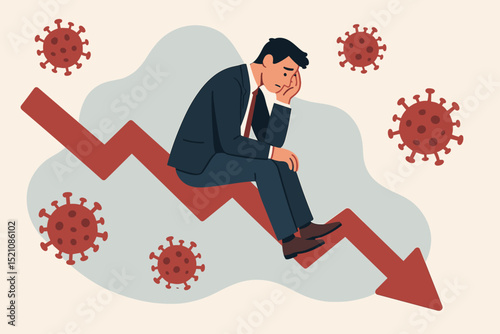 Market crash despair. Stressed businessman on downward red arrow. Economic crisis due to pandemic. Financial loss, investment failure, global recession concept. Stock market decline vector.