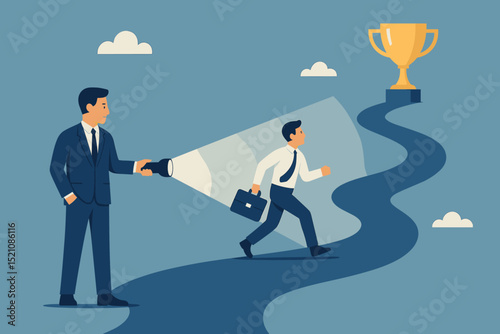 Business mentor with flashlight guiding employee on winding path to success trophy. Leadership, coaching, career growth, achieving goals, teamwork, and strategic vision concept.