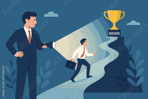 Guidance to success concept. Business mentor with flashlight leads employee on path to achieve career goal and trophy. Leadership, coaching, support for professional advancement.