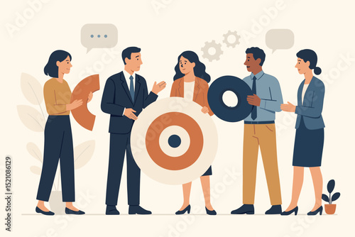 Teamwork for success. Diverse group of business people working together, professionals assembling a target. Corporate collaboration, goal setting, strategy, and achievement concept vector.