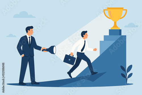 Businessman mentor with flashlight guides employee up stairs towards golden trophy. Concept of leadership, support, career growth, achievement, business strategy, professional development.