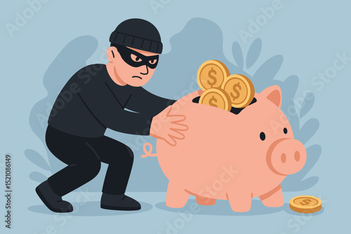 Cartoon thief in black outfit and mask stealing gold dollar coins from a pink piggy bank. Concept of financial crime, savings loss, investment risk, burglary, and economic insecurity.