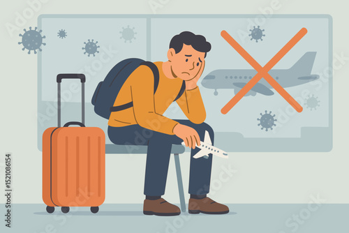 Travel setback due to pandemic. Sad man at airport with cancelled flight. Virus outbreak leads to travel ban, tourism crisis. Frustrated passenger with luggage, holiday disappointment.