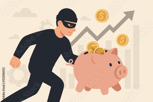 Masked thief steals gold dollar coins from piggy bank amid rising financial graph. Investment theft, savings loss, economic crime, security risk. Fraud, personal finance protection concept vector.