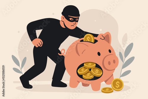 Masked thief stealing gold coins from pink piggy bank. Financial crime concept. Cartoon vector illustration representing investment risk, savings loss, security breach, economic vulnerability.