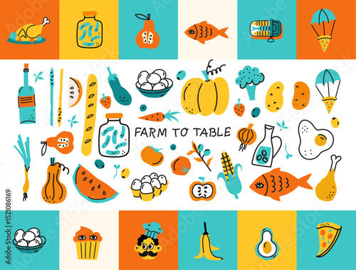 Local food, Farmer's market concept. Street food market booth with vegetables and fruits. Doodle style hand drawn vector illustration.