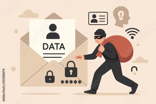 Data theft cybersecurity concept. Hacker stealing personal information. Online crime, privacy breach, confidential data stolen. Password security, identity theft, digital protection vector.