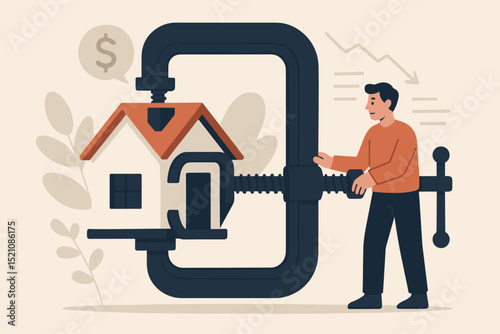 Mortgage budget squeeze metaphor. House in clamp symbolizes financial pressure, rising interest rates, housing crisis. Homeowner struggling with debt, affordability, and economic hardship.
