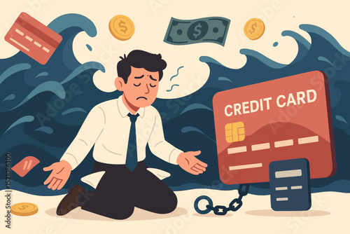 Businessman shackled by credit card debt, drowning in financial crisis. Money problems. Bankruptcy. Loan burden. Investment risk. Financial stress. Consumer debt. Insolvency. Economic despair.