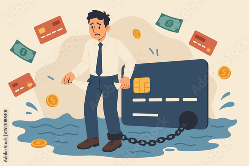 Man shackled by credit card debt, sinking in financial problems. Empty pockets, chained to huge credit card illustration. Bankruptcy, poverty, economic crisis, loan burden concept.