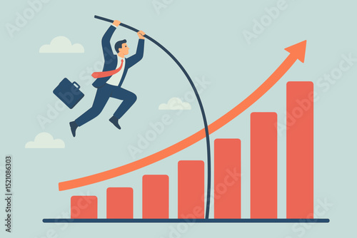 Businessman Vaulting Over Graph for Success. Achieving Goals. Career Growth Chart. Business Strategy. Financial Performance. Leadership. Overcoming Challenges. Future Vision.