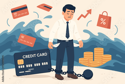 Man shackled by credit card debt, drowning in financial crisis, empty pockets. Businessman burdened by loans, interest rates, poverty. Economic problem, bankruptcy, overwhelmed illustration.