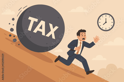 Stressed businessman running from a giant tax boulder down a hill, symbolizing financial burden, debt, pressure, and the looming deadline. Tax season stress and tax evasion danger concept.
