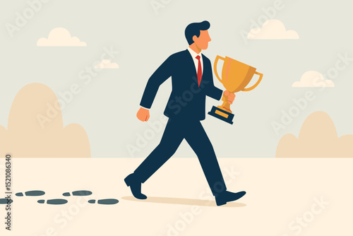 Businessman walking with golden trophy, leaving footprints. Concept of victory, success, achievement, career path, leadership, and the journey to winning. Business champion celebrating.