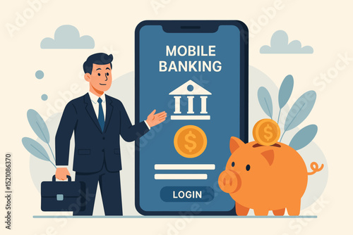 Mobile banking app interface on smartphone screen with businessman and piggy bank. Financial technology concept for online savings, investment, and digital finance management. Vector illustration.