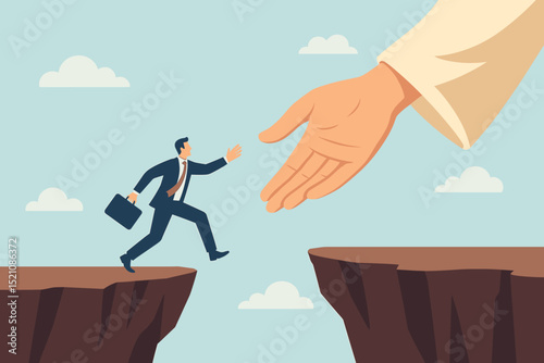 Businessman taking leap of faith across cliff gap with giant helping hand. Concept of divine support, career guidance, overcoming challenges, mentorship, business opportunity, risk, trust.