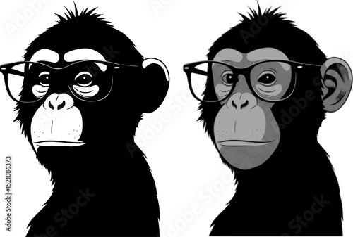 Chimpanzee wearing glasses black and white illustration with detailed fur and eyes. Vector illustration
