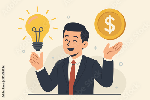 Businessman has innovative idea for profit. Lightbulb for creativity, coin for funding. Financial success, entrepreneurship concept. Startup investment, business solution, income generation. Vector.