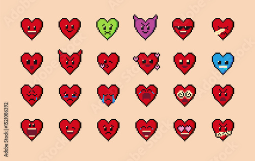 Hearts smile emoji vector pixel icons isolated on the background. Vector illustration. Red flat design. Vintage love symbol, 8-bit vector illustration for a computer and internet game