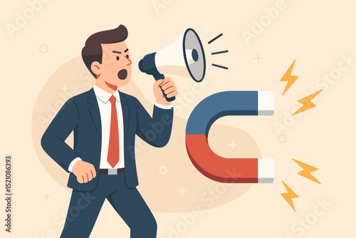 Magnetic marketing strategy concept. Businessman shouting with megaphone, attracting customers with giant magnet. Lead generation, promotion, advertising campaign for business growth.