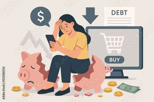 Financial Crisis Illustration: Stressed Woman with Broken Piggy Bank, Accumulating Debt, Economic Downturn, and Online Shopping Addiction Leading to Bankruptcy