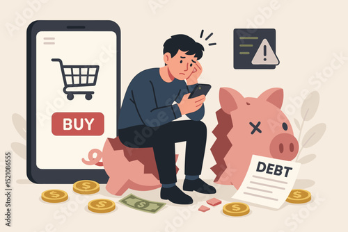 Financial crisis and debt concept. Stressed man with smartphone, online shopping addiction leading to broken piggy bank, empty wallet. Overspending, bankruptcy, poverty, money problems illustration.